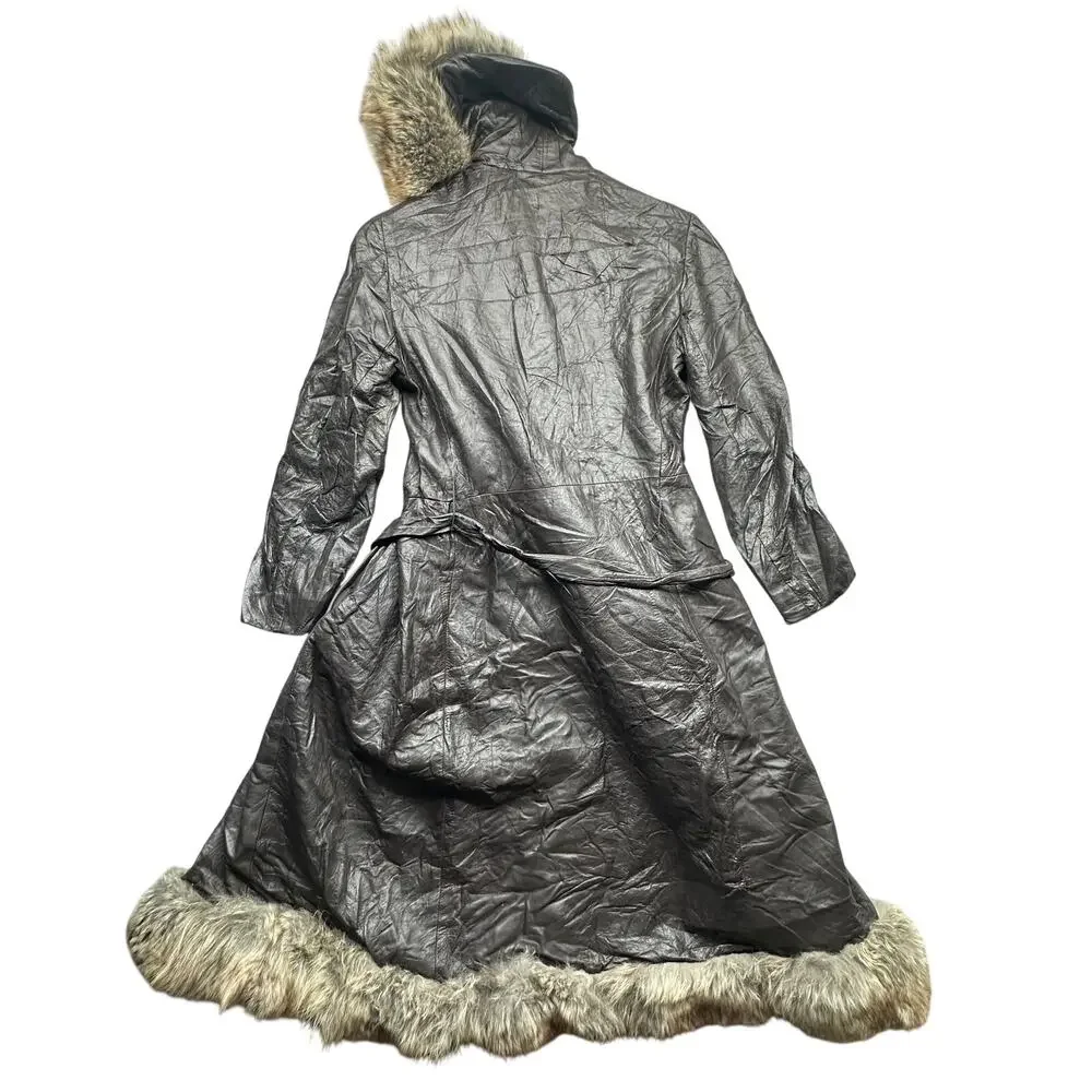 Vintage 60s 70s Genuine Leather Fur Trim Trench Belted Coat Womens Small Hooded